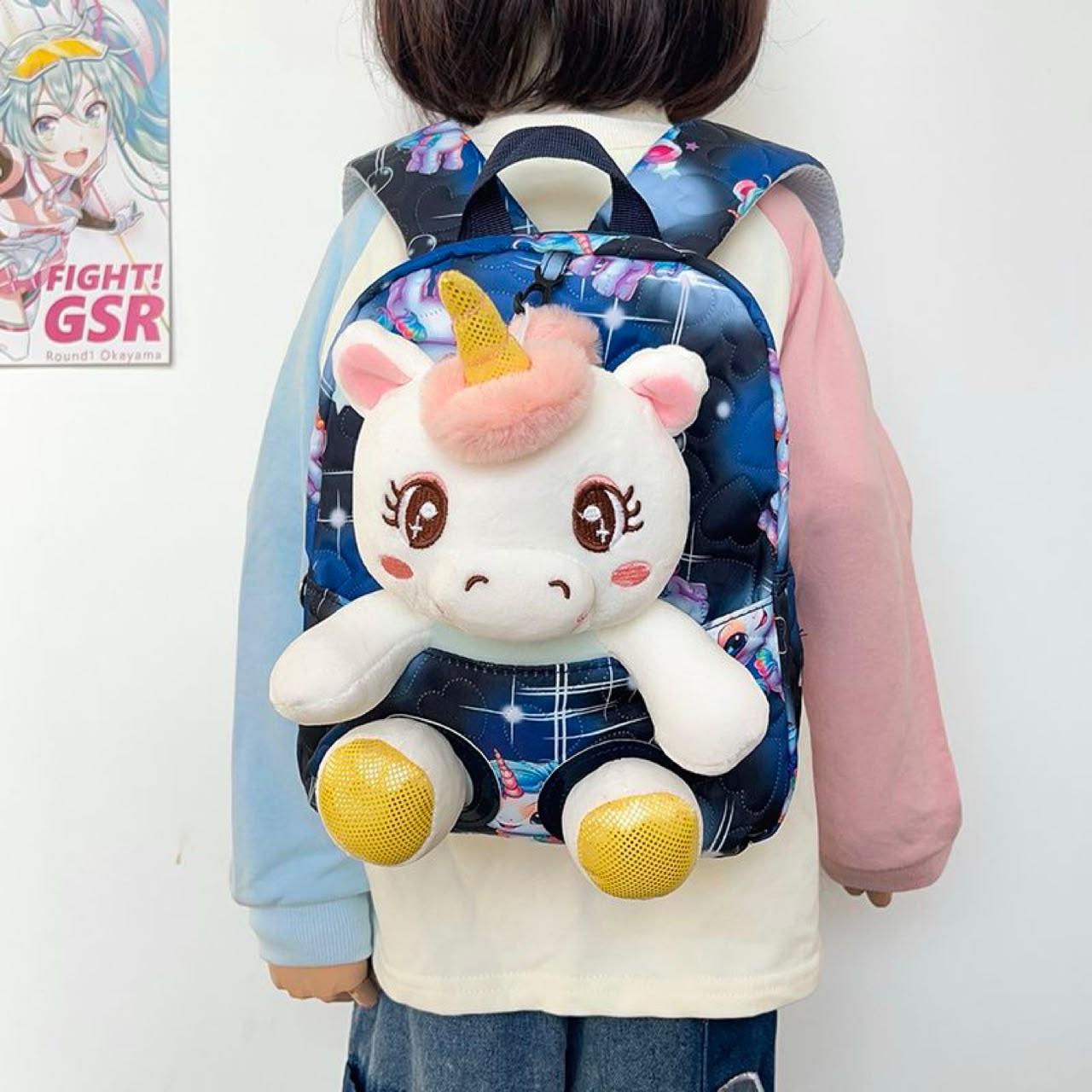 Kids Unicorn Plush Backpack – Navy Print, 3–6 Yrs