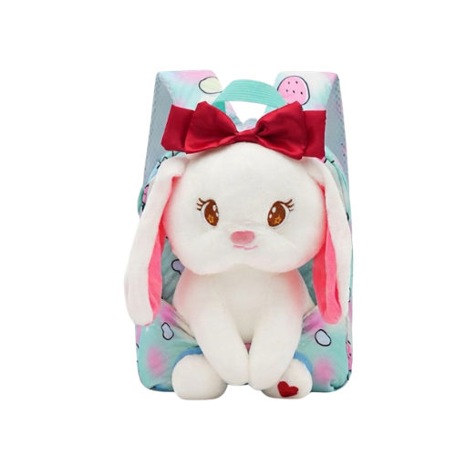 Kids Bunny Plush Backpack – Printed with Bow, Navy/Lilac/Mint