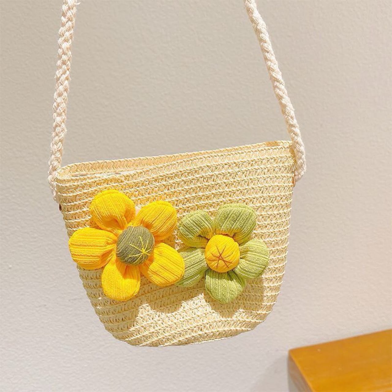 Kids Woven Straw Crossbody – Fabric Flowers, 3–7 Yrs