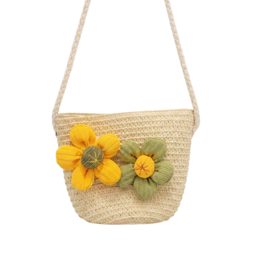 Kids Woven Straw Crossbody – Fabric Flowers, 3–7 Yrs