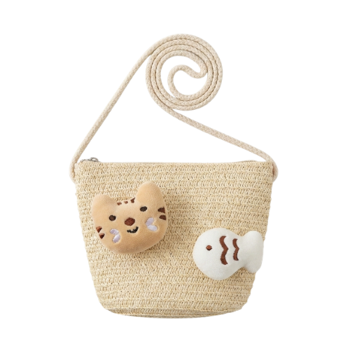 Small Kids Straw Crossbody – Cat and Fish Appliqué, 2–5 Yrs