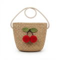 Small Kids Straw Crossbody – Pom-Pom Cherry, 2–5 Yrs