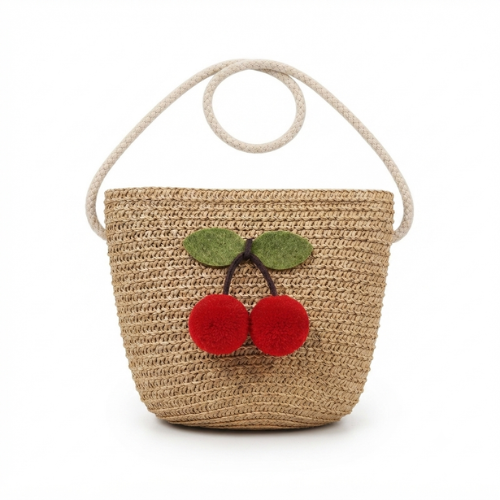 Small Kids Straw Crossbody – Pom-Pom Cherry, 2–5 Yrs