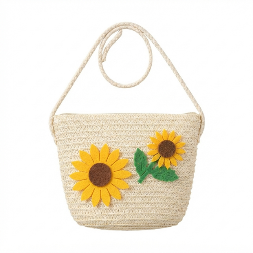 Small Kids Straw Crossbody – Sunflower Appliqué, 2–5 Yrs