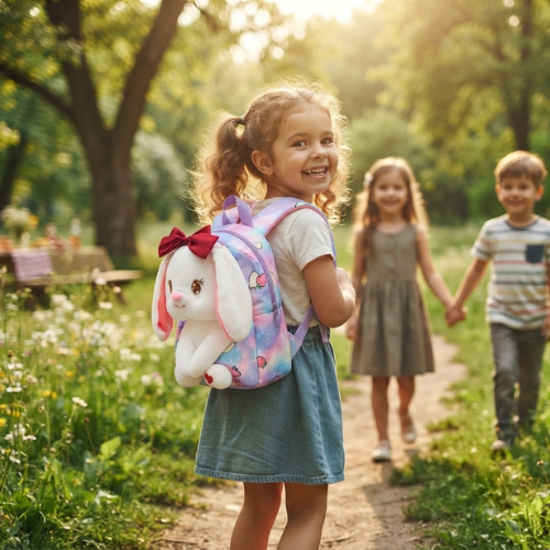 Kids Bunny Plush Backpack – Printed with Bow, 3–6 Yrs